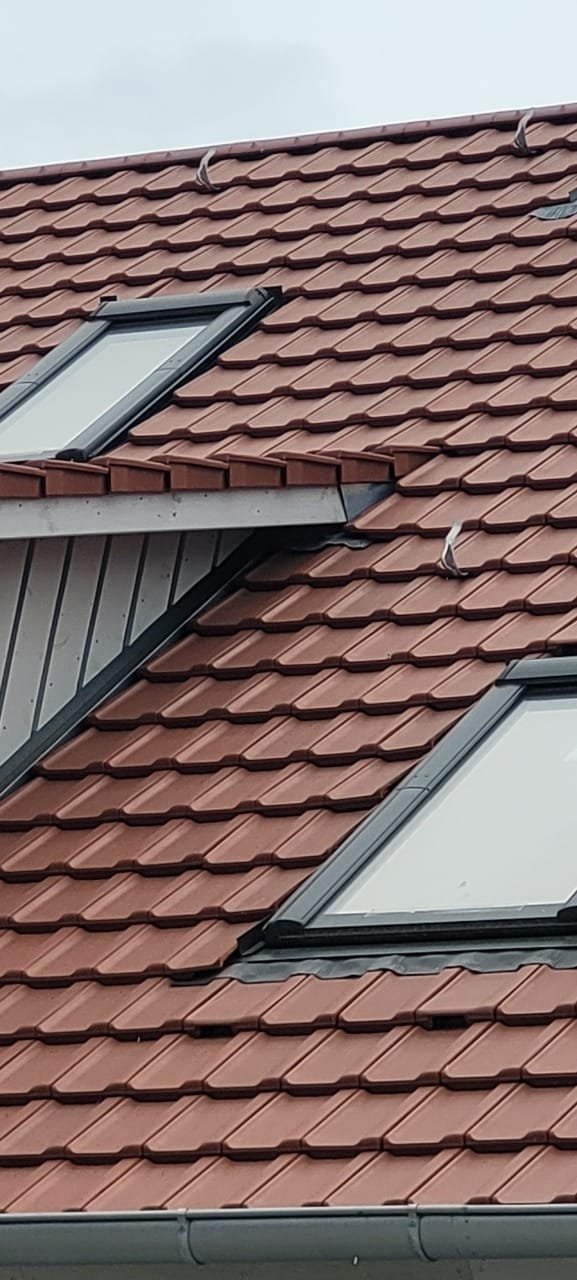 Ziegeldach mit zwei neu eingebauten Dachfenstern in dunklen Eindeckrahmen, daneben die grau verkleidete Seitenwand einer Gaube.